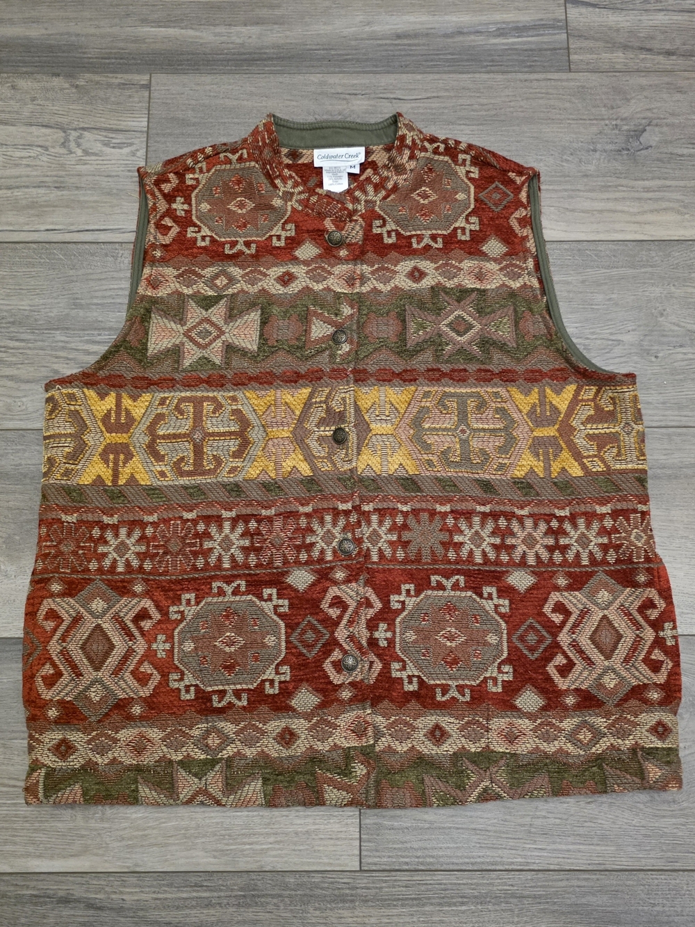 Coldwater Creek Red, Olive & Mustard Southwestern Tapestry Vest